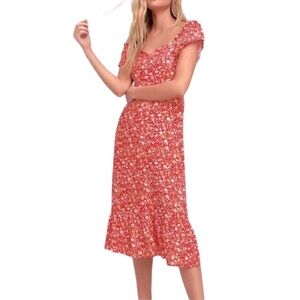Lulu’s Mariana Dress Ditsy Floral Midi Red XS Whimsical Romantic Wedding Guest